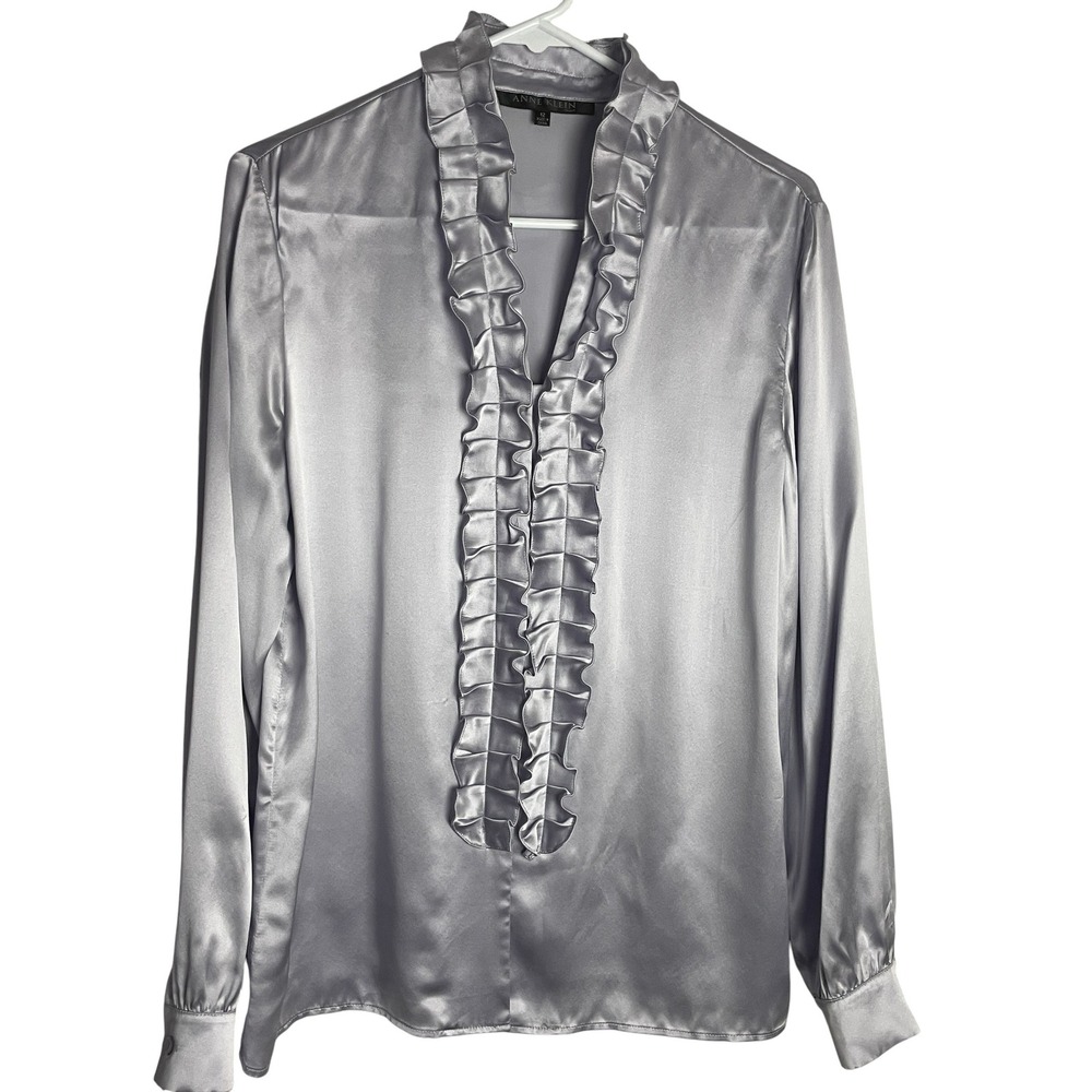 Anne Klein Womens 100% Silk Ruffle Blouse Size 12 Soft Lilac Satin Long Sleeve